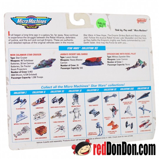 STAR WARS MICRO MACHINES BY GALOOB (1996), 65860 VII, MON CALAMARI STAR CRUSIER, JABBA'S DESERT SAIL BARGE, SPEEDER BIKE WITH REBEL PILOT