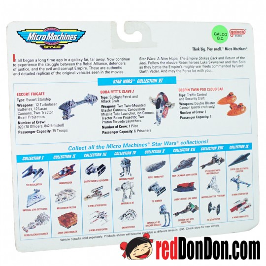 STAR WARS MICRO MACHINES BY GALOOB (1996), 65860 VI, ESCORT FRIGATE, BOBA FETT'S SLAVE I, BESPIN TWIN-POD CLOUD CAR